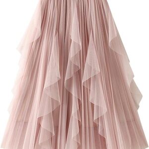 A-Line Elastic Waist Ruffle Tulle Layered Midi Skirt